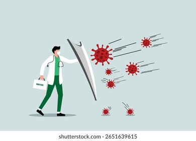 Fight and protect COVID-19 Coronavirus outbreak concept, Doctor wearing sanitary mask with stethoscope holding protective shield and vaccine box to protect from COVID-19 coronavirus pathogens