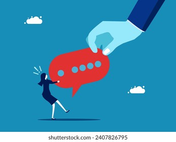 Fight with reason and ideas. Big hand pulling a speech bubble tug of war with a small businesswoman