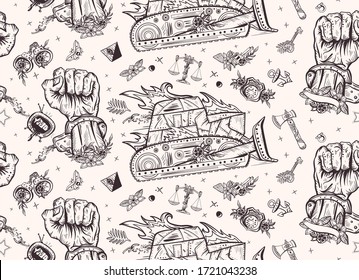 Fight for rights seamless pattern. Freedom and slavery. Old school tattoo style. White and black hand, burning armored bulldozer. Demonstration, revolution, protest concept. Traditional tattooing art 