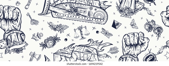 Fight for rights seamless pattern. Old school tattoo style. Demonstration, revolution, protest concept. Traditional tattooing art. Freedom and slavery. White and black hand, burning armored bulldozer 