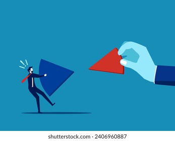 Fight for a share of business sales. Businessmen fighting for share of financial pie chart 