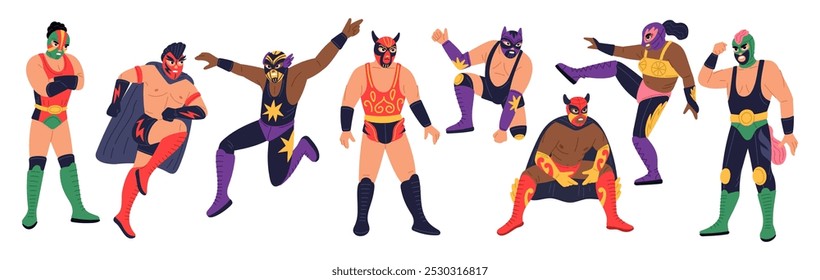 Participantes do show de luta. Lutadores mexicanos em trajes brilhantes e máscaras. Lucha Libre lutadores engraçados em diferentes poses. Wrestling Championship. Fistfight competição