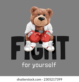 fight slogan with bear doll athletic boxing vector illustration