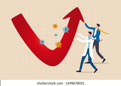 Fight to stop Coronavirus COVID-19 outbreak crisis, help save economy and business to survive in financial crisis concept, businessman government and doctor medical worker help pushing economic graph