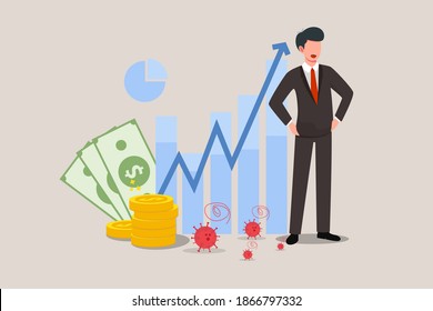 Fight to stop Coronavirus COVID-19 outbreak crisis, help save economy and business to survive in financial crisis concept, businessman government and doctor medical worker help pushing economic graph