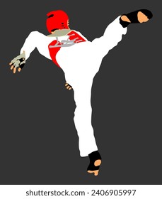 Fight taekwondo fighter vector illustration isolated. Sparring on training action. Self defense skills exercising. Warriors martial arts battle. Sport man combat competition. Brave boy fight.