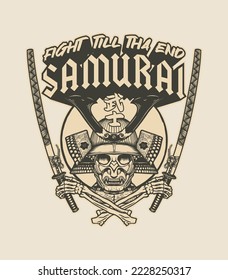 Fight till the end Samurai - T-Shirt design -skull with samurai mask and katana sword vector illustration - white version