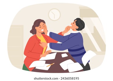 Fight two colleagues in workplace, due to unfair pay or dispute over vacant position. Man and woman office employees fight while doing paperwork and figuring out who is boss in team