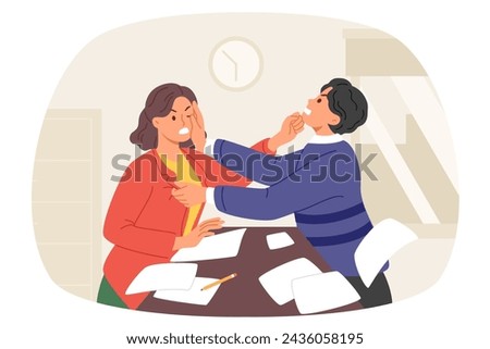 Fight two colleagues in workplace, due to unfair pay or dispute over vacant position. Man and woman office employees fight while doing paperwork and figuring out who is boss in team