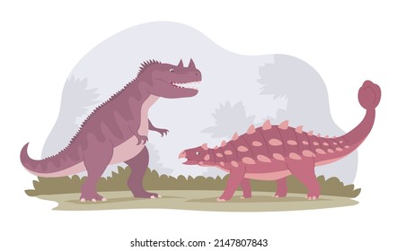 Fight of two dinosaurs. Predatory ceratosaurus against herbivorous ankylosaurus. Extinct animals of the Jurassic period. Ancient lizards. Vector cartoon illustration