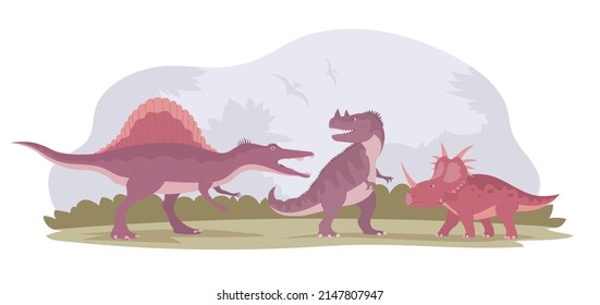 Fight of two dinosaurs. Predatory ceratosaurus against herbivorous ankylosaurus and spinosaurus. Extinct animals of the Jurassic period. Ancient pangolin. Vector cartoon illustration