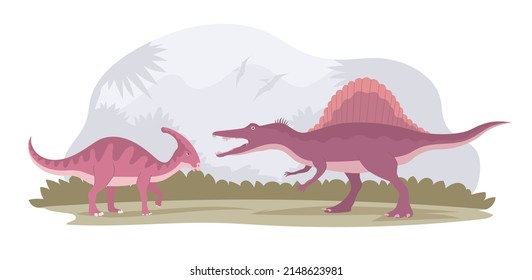 Fight of two dinosaurs. Predatory spinosaurus against parasaurolophus. Extinct animals of the Jurassic period. Ancient pangolins. Vector cartoon illustration