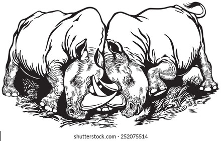 fight of two rhinoceros , black and white illustration 