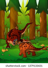 Fight Tyrannosaurus and Triceratops on the background of forest
