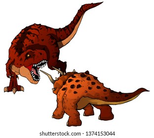 Fight Tyrannosaurus and Triceratops. Vector illustration.