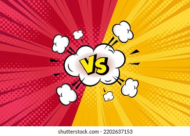 Pelea contra arte pop cómic de fondo amarillo rojo con medio tono, rayos, nube. Ilustración de dibujos animados en estilo retro. Diseño de historietas, afiches, pancartas, competencia