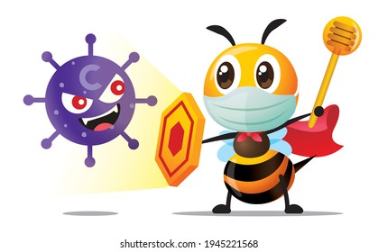 Fight Virus. Cartoon cute Superhero bee wearing surgical mask and holding shield and honey dipper to protect against Coronavirus Covid-19, enemy, and bacteria 