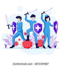 Fight the Virus Concept, Doctor and nurses use sword and shield to fighting Covid-19 coronavirus illustration