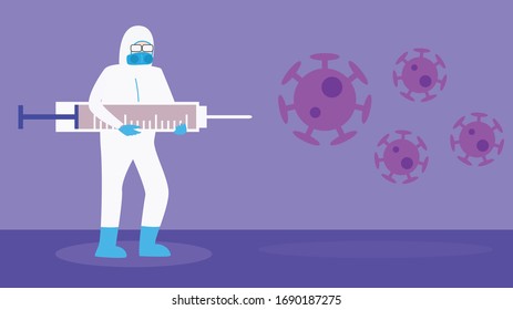 Fight the virus  Illustration concept with man standing with vaccine against virus particles