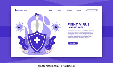 Fight virus landing page template in flat style Premium Vector