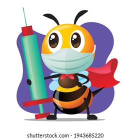 Fight the Virus with vaccination. Cartoon superhero bee wears surgical mask and holds Syringe with Needle for injection or vaccination. Vibrant background