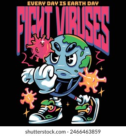 Fight Viruses Earth Cartoon with Retro Style Illustration