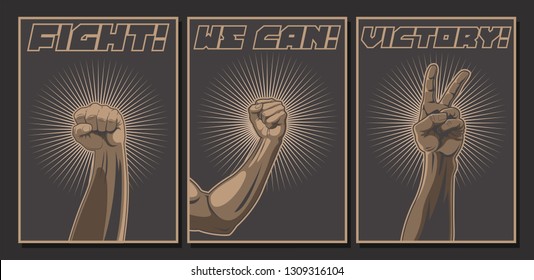 Fight! We can! Victory! Protest Propaganda Posters Set