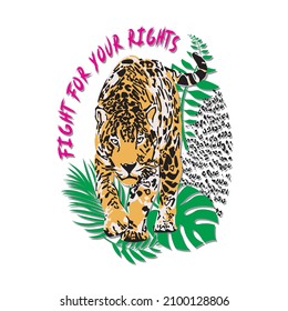 Fight for your masters, beautiful jaguar walking in a tropical forest vegetation vector t-shirt fashion design Rh+