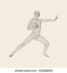 Fighter. 3D Model of Man. Human Body. Sport Symbol. Design Element. Vector Illustration. 