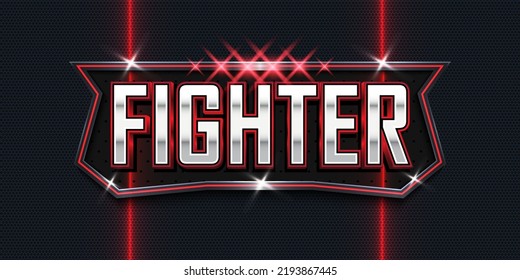 Fighter 3d text effect logo with red incandescent light and metal emblem