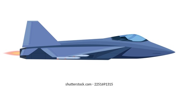 Fighter aircraft flying plane with burning flame from exhaust pipe side view isometric vector illustration. Attack aeroplane battle fighter military jet army airforce airline war bomber with missile