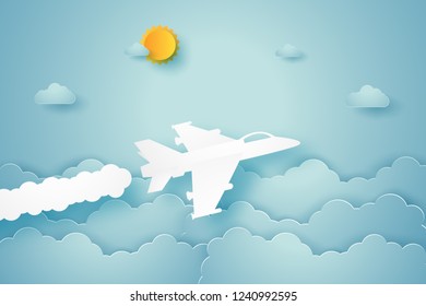 Fighter aircraft flying in the sky , paper art style