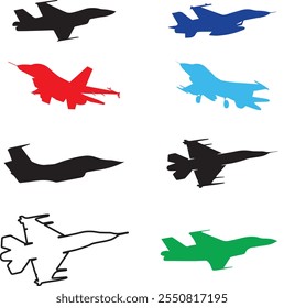 Fighter Aircraft icon set. A set of black silhouette airplanes, jets, and airliners icons. Isolated vector logo template on white background.