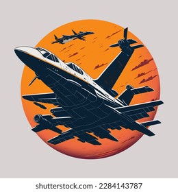 Fighter aircraft, round emblem, badge, label, logo or t-shirt print