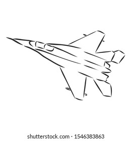 fighter aircraft sketch, contour vector illustration 