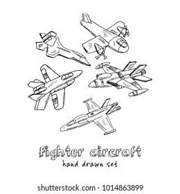 Fighter aircraft Vintage decoration  Hand drawn doodle set  Vector illustration  Isolated elements white background  Symbol collection 