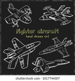 Fighter aircraft Vintage decoration. Hand drawn doodle set. Vector illustration. Isolated elements on blackboard background. Symbol collection.