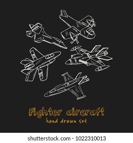 Fighter aircraft Vintage decoration. Hand drawn doodle set. Vector illustration. Isolated elements on black background. Symbol collection.