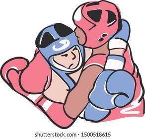 The fighter both hugging while having an amateur boxing on the ring.
