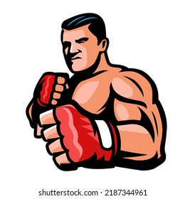 Fighter boxer with fists isolated. Fight club, boxing, kickboxing, strength sport emblem or logo. Vector illustration