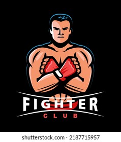 Fighter boxer with gloved fists. Fight club, boxing, kickboxing, strength sport emblem or logo. Vector illustration