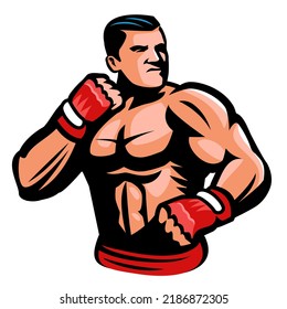 Fighter with boxing gloves design element for sports emblem. Muscular boxer mascot logo design. Vector isolated