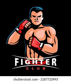 Fighter with boxing gloves sports emblem. Muscular boxer, wrestler, bodybuilder mascot logo design. Vector illustration