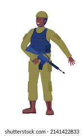 Luchador con caracter vector de color semiplano de carbina. Figura permanente. Persona de cuerpo entero sobre blanco. Militante en uniforme ilustración de estilo de dibujos animados simples para diseño gráfico web y animación