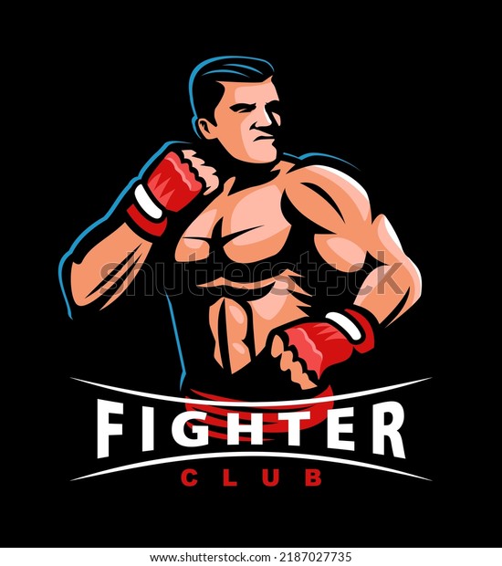 Fighter in\
fighting stance with fists in gloves for fight. MMA, boxing label\
and emblem. Sports mascot\
vector