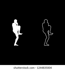 Fighter in fighting stancewith raised leg Man doing exercises Sport action male Workout silhouette side view icon outline set white color