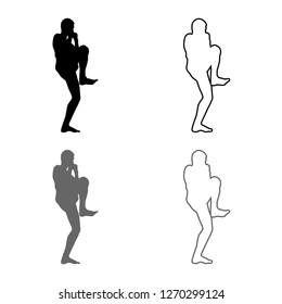 Fighter in fighting stancewith raised leg Man doing exercises Sport action male Workout silhouette side view icon outline set grey black color