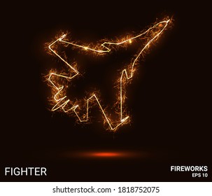 Fighter fireworks. The fighter consists of sparks and fire. Festive bright fireworks. Decorative element for celebrations and holidays. Vector illustration.