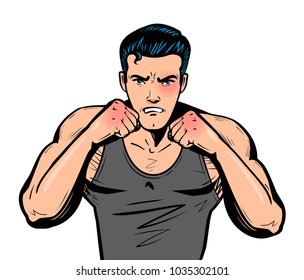 Fighter with fists. Fight club, combat, fighting or boxing in pop art retro comic style. Cartoon vector illustration