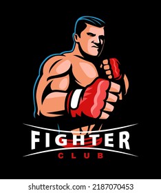 Fighter with fists in gloves stands in fighting stance. Design for fight club or sports emblem. Vector illustration